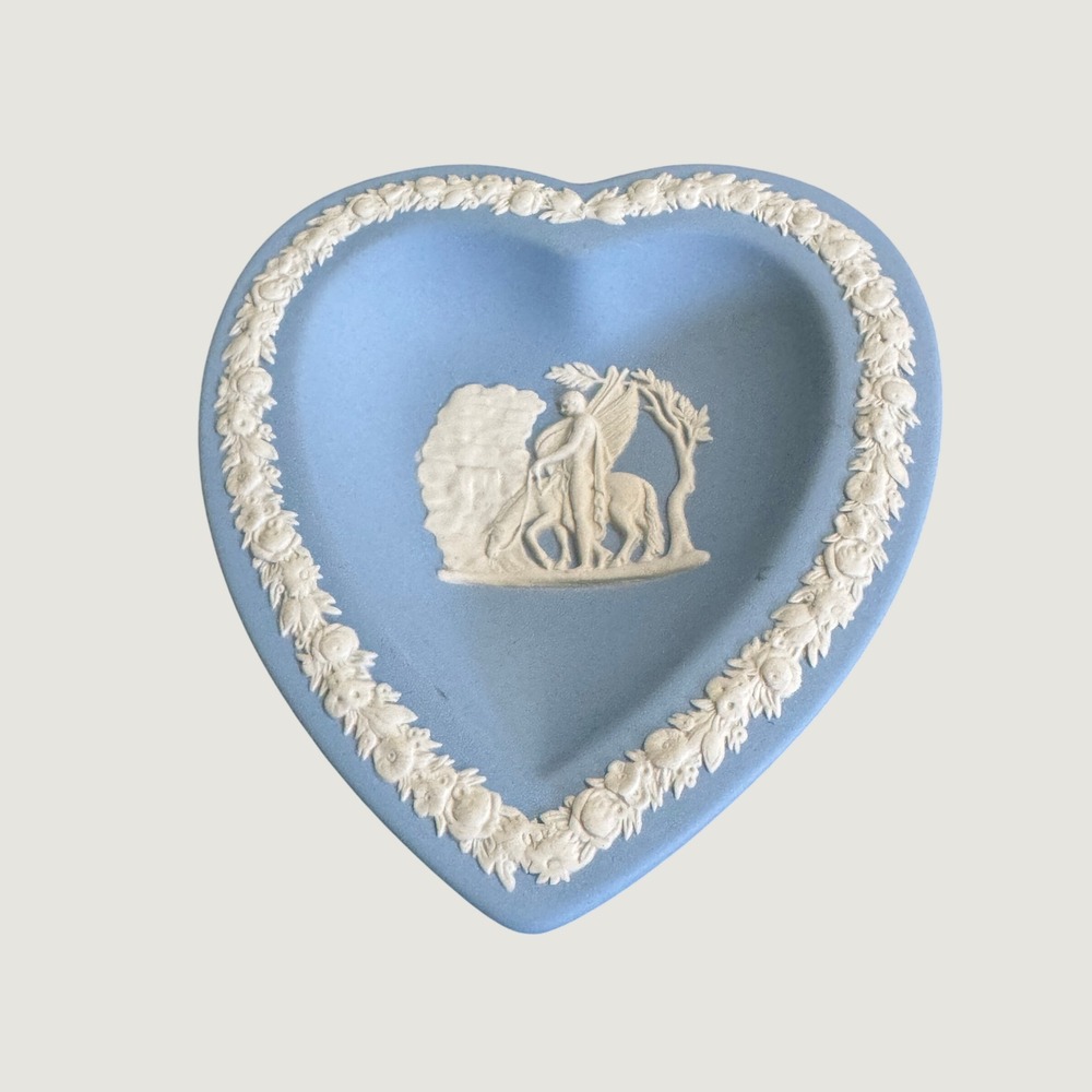 Wedgwood Blue Jasperware Heart Trinket Dish White Relief Made in England